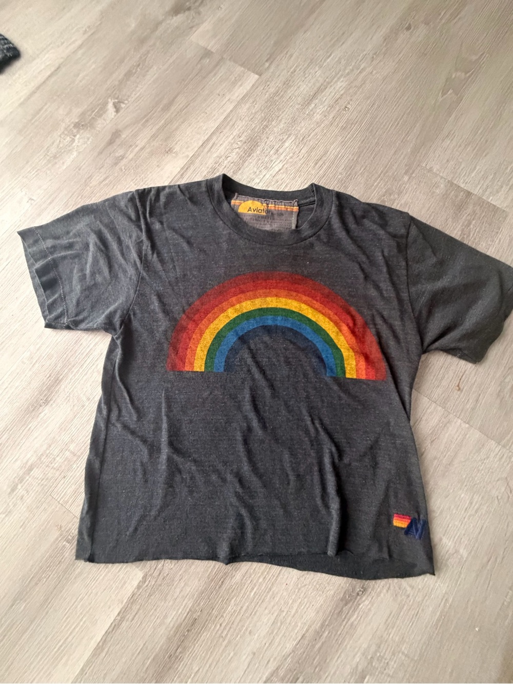 Aviator Nation Black Tee with Rainbow Graphic
